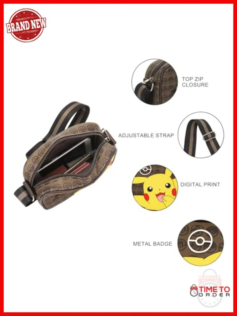 Crossbody Sling Bag with Adjustable Strap - Polyurethane Pikachu Design